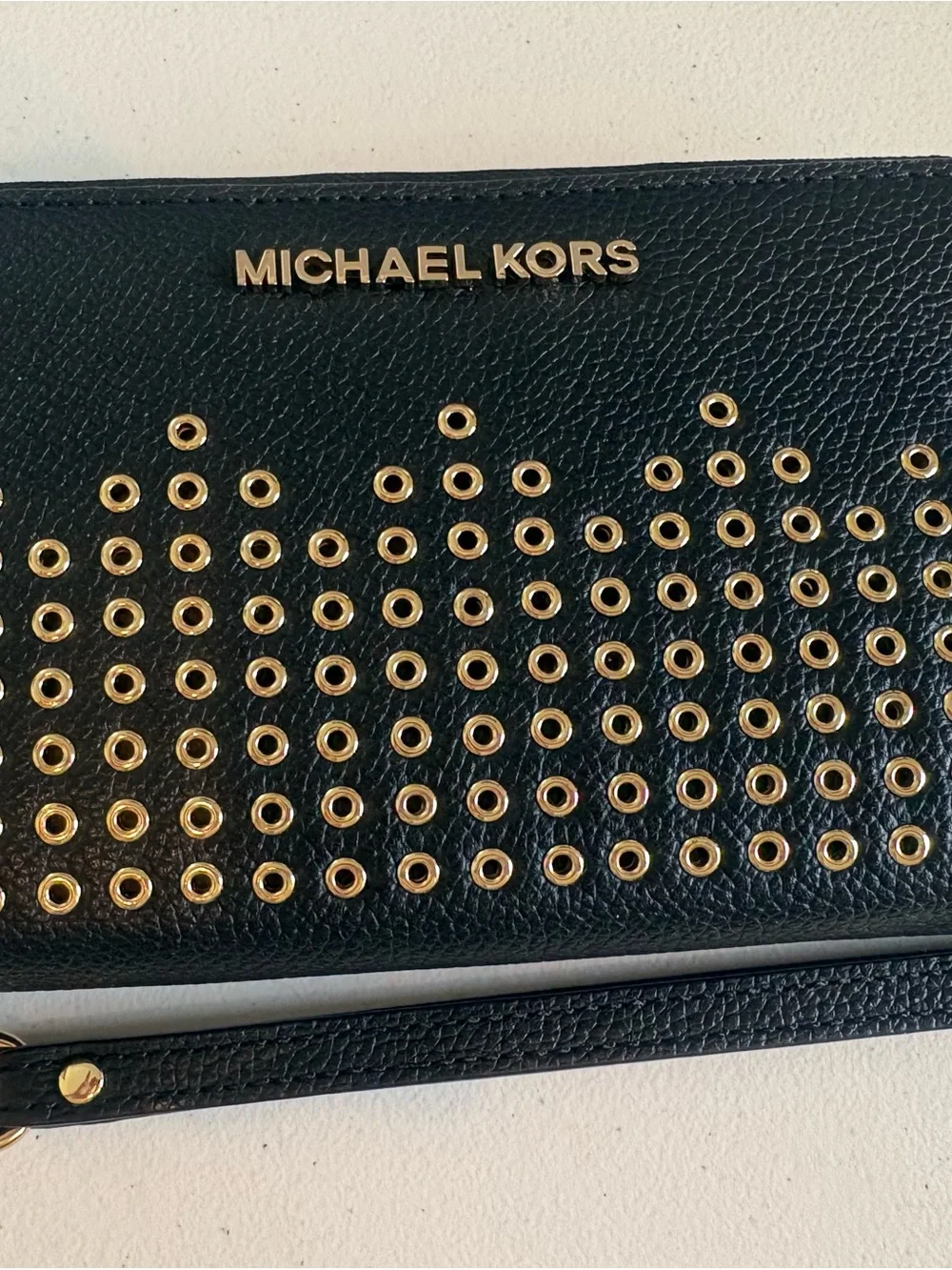 Michael Kors Black Leather Wristlet with Gold Eyelet Hardware
